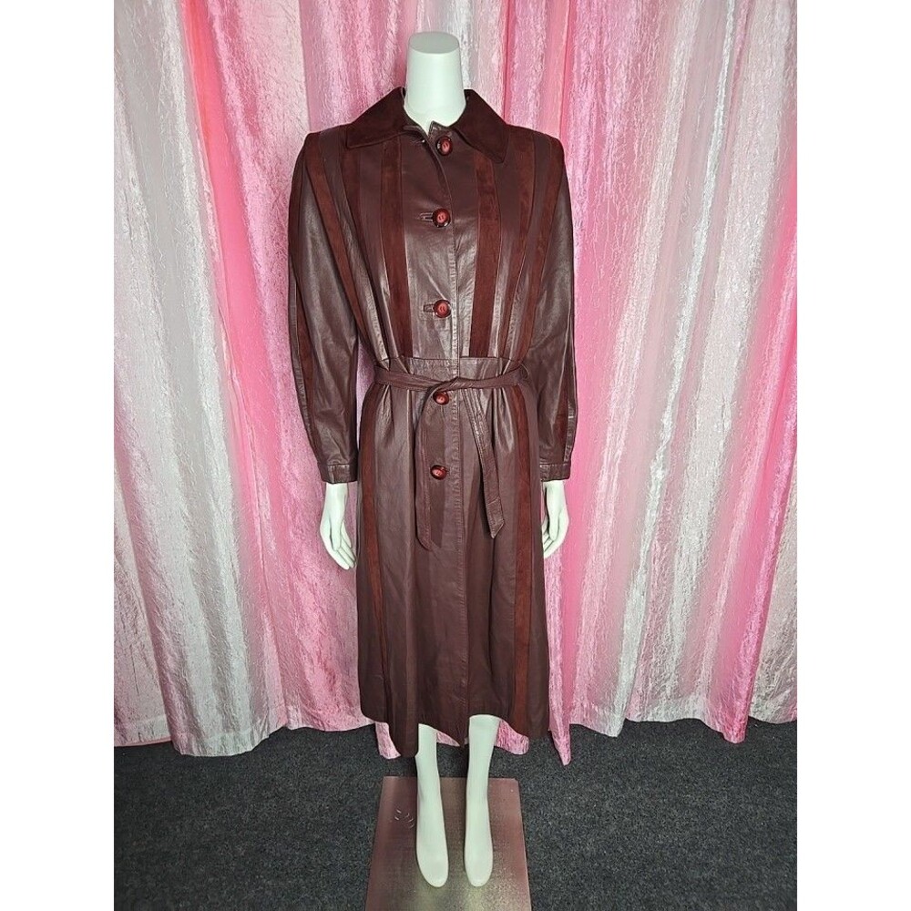 Y2K Exquisite Brick Red Soft Leather Suede Retro Trench Coat Size Medium 8 - Picture 2 of 16